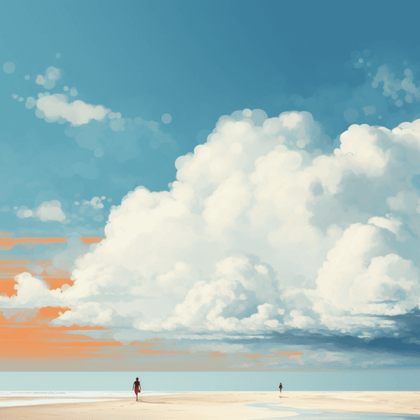 Illustration: Strand, Meer, Wolken, zwei Menschen gehen am Wasser entlang