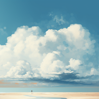 Illustration: Strand, Meer, Wolken, zwei Menschen gehen am Wasser entlang