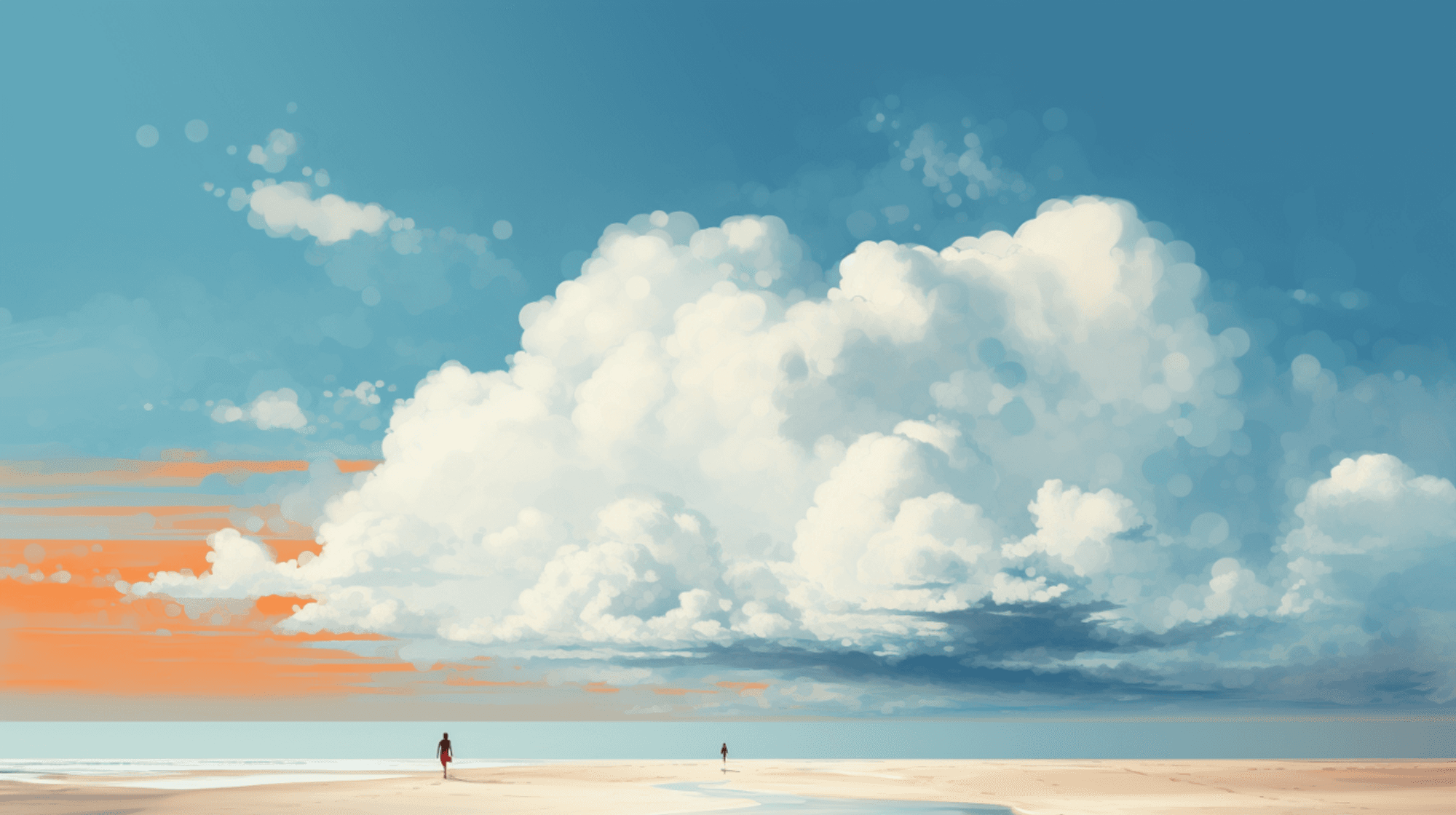 Illustration: Strand, Meer, Wolken, zwei Menschen gehen am Wasser entlang