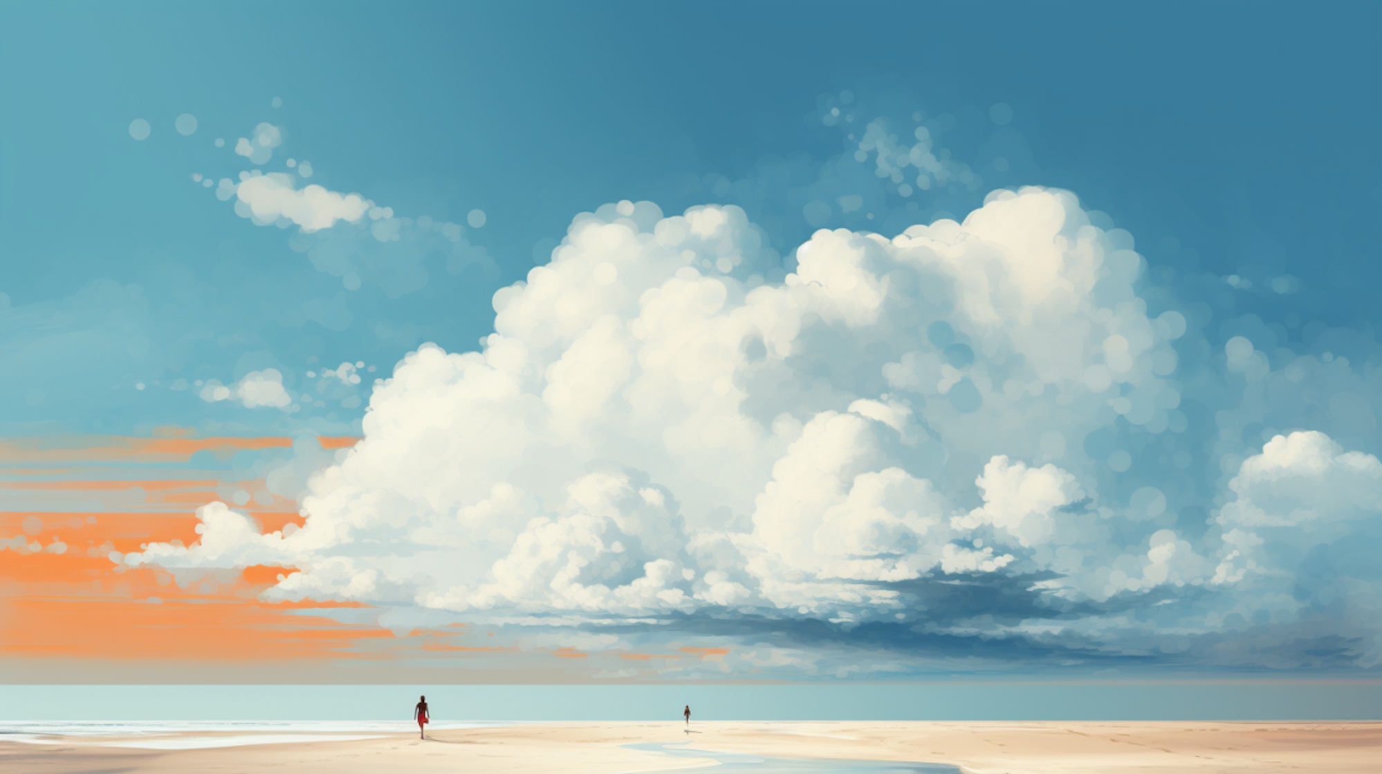 Illustration: Strand, Meer, Wolken, zwei Menschen gehen am Wasser entlang