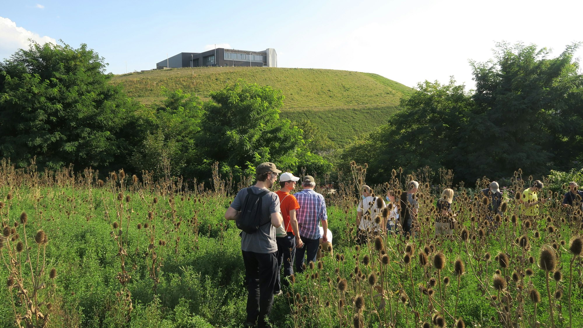 Menschen laufen durch ein Feld, im Hintergrund ist ein Hügel mit einem Flachbau obendrauf zu sehen.