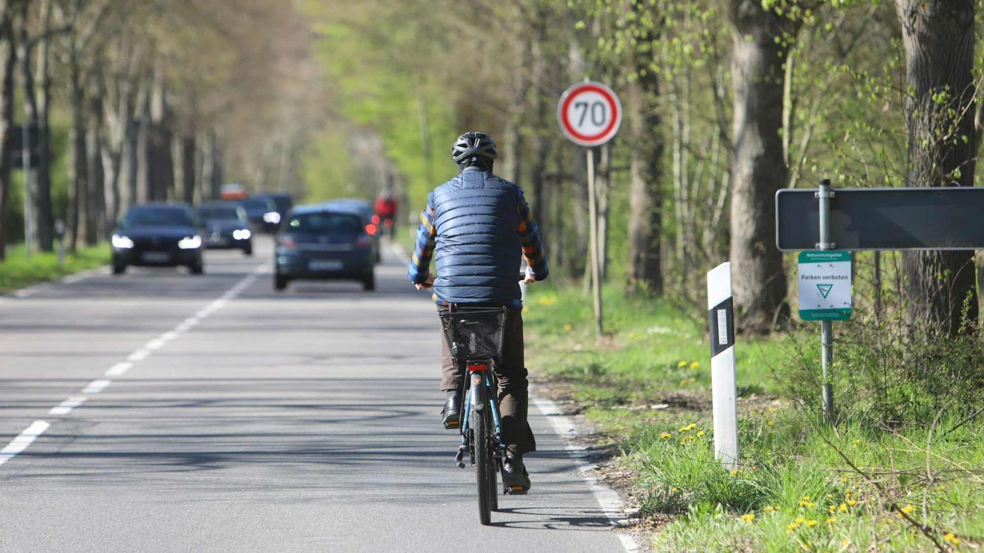 Ein Radfahrer fährt die Landesstraße 268 bergauf in Richtung Kloster Heisterbach. Ihm kommen Autos entgegen.