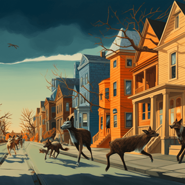 Illustration: Wildtiere laufen über eine Straße in einem Wohngebiet.