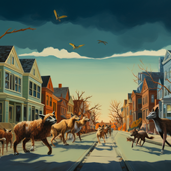 Illustration: Wildtiere laufen über eine Straße in einem Wohngebiet.