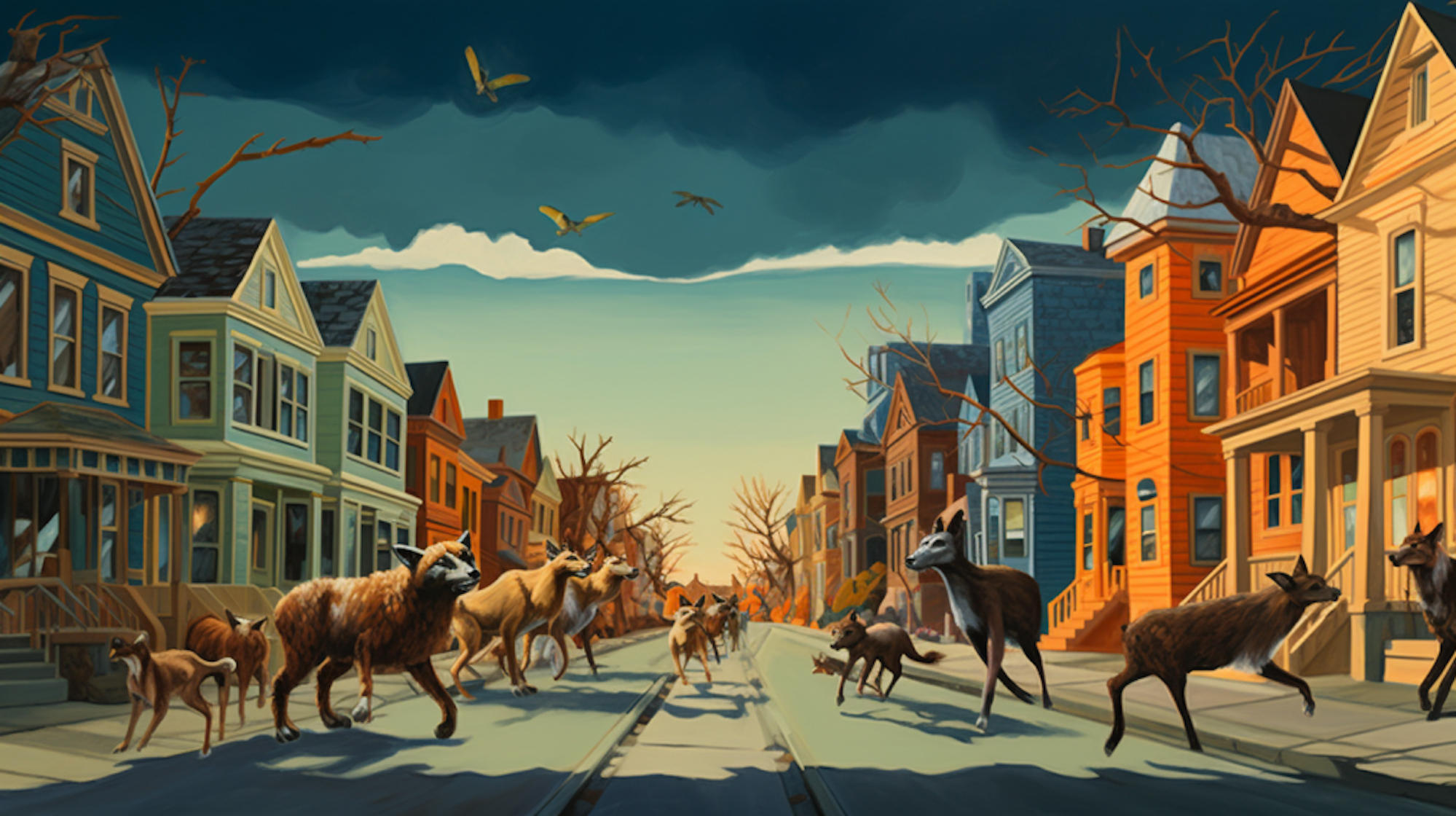 Illustration: Wildtiere laufen über eine Straße in einem Wohngebiet.