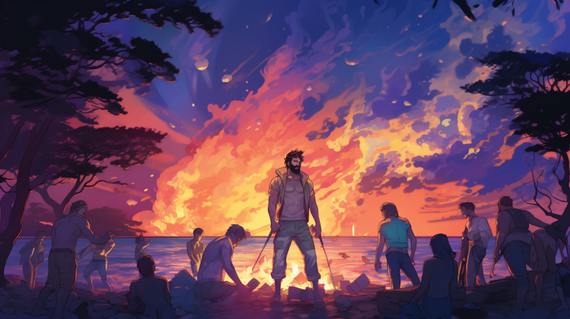 Illustration: Männer stehen, sitzen und tanzen im Wald