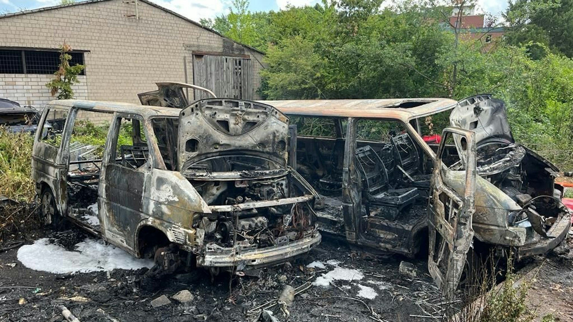 Zwei ausgebrannte Transporter stehen nebeneinander auf einer Wiese.