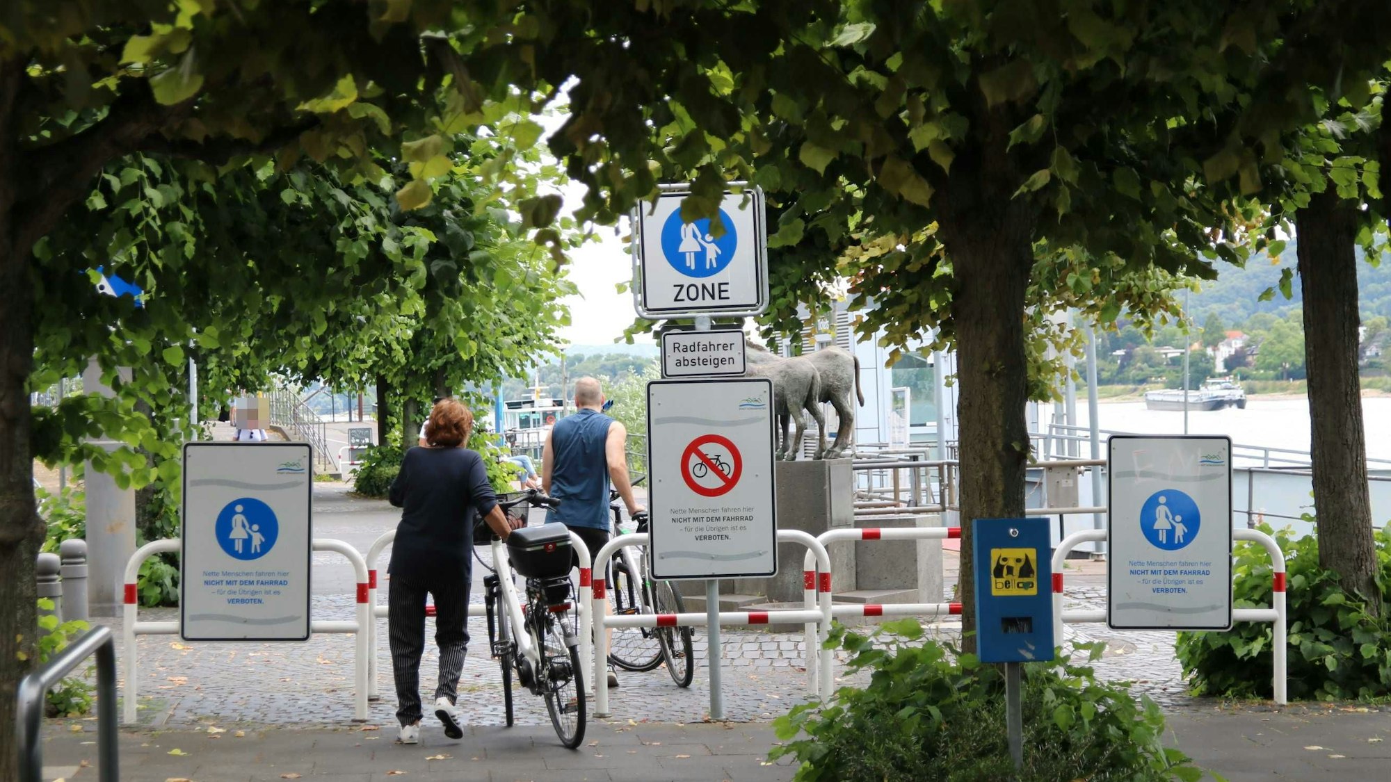 Zwei Radfahrer schieben ihre Räder auf der Rheinpromenade. Schilder weisen den Abschnitt in Höhe der Fähre als reine Fußgängerzone aus-