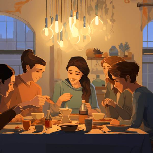 Fünf Menschen sitzen an einem Esstisch, Illustration