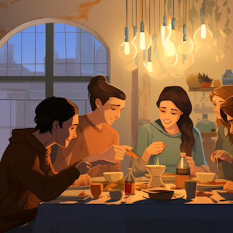 Fünf Menschen sitzen an einem Esstisch, Illustration