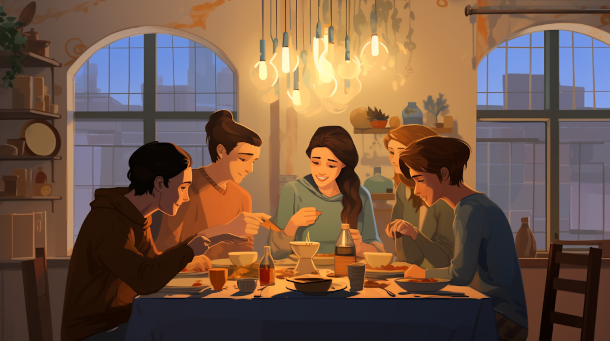 Fünf Menschen sitzen an einem Esstisch, Illustration