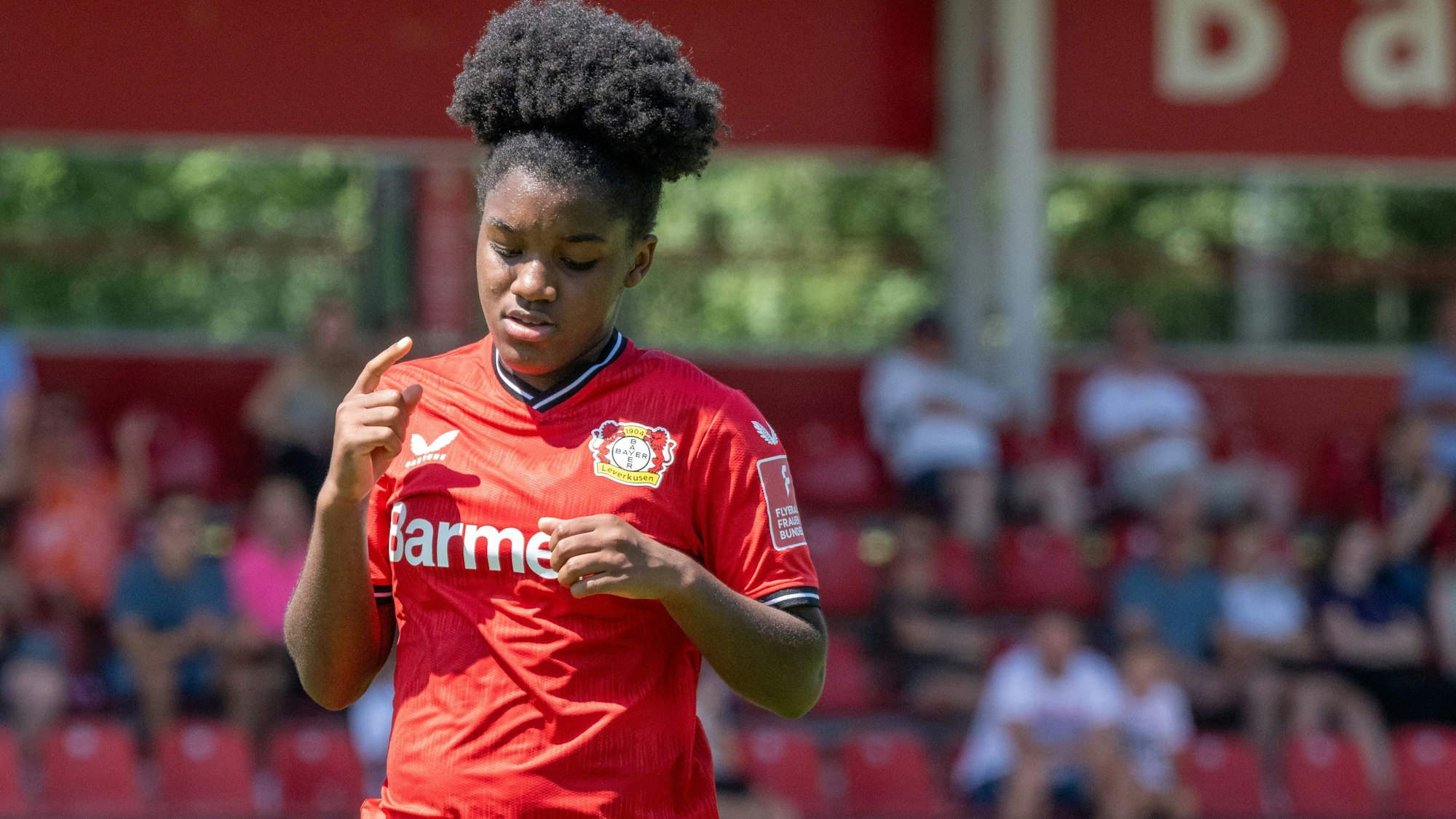 Testspiel: Bayer 04 Frauen vs FC Utrecht, Saison 2023/24 / 08.07.2023, Leistungszentrum Kurtekotten, Leverkusen, Testspiel: Bayer 04 Frauen vs FC Utrecht, Saison 2023/24 Im Bild: Verhaltener Jubel Delice Boboy, Bayer 04 Leverkusen, 23 *** Test match Bayer 04 women vs FC Utrecht, season 2023 24 08 07 2023, Leistungszentrum Kurtekotten, Leverkusen, Test match Bayer 04 women vs FC Utrecht, season 2023 24 In picture Restrained cheering Delice Boboy, Bayer 04 Leverkusen, 23 nordphotoxGmbHxx/xDenkinger nph00015