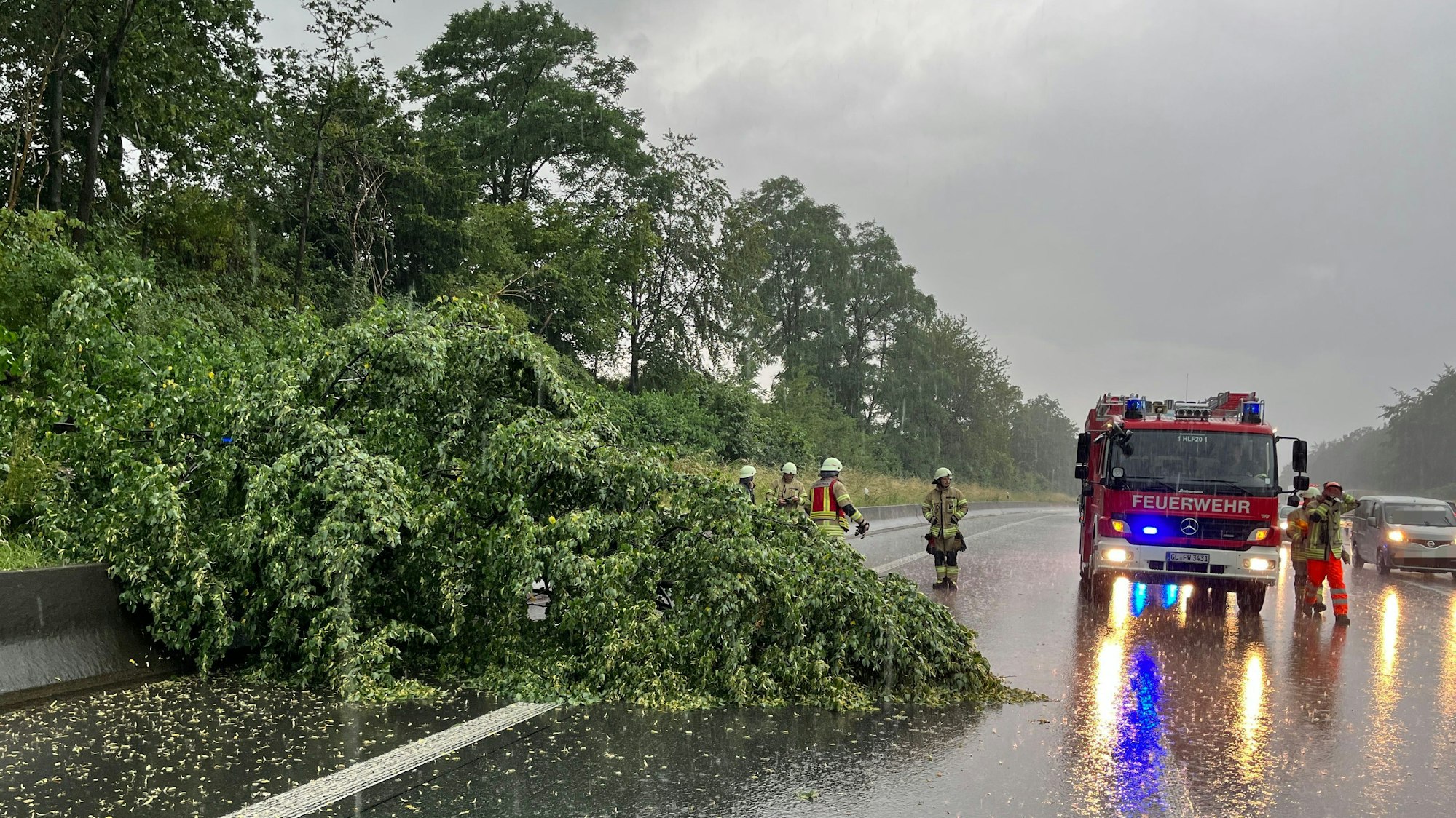 Ein im Gewitter umgeknickter Baum gefährdete den Verkehr auf der A1.