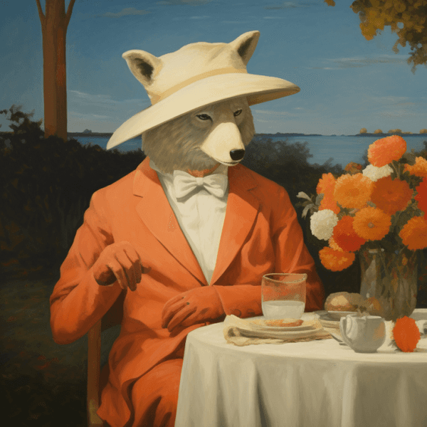 Illustration: Bären in schicker Kleidung sitzen an einer sommerlichen Tafel in einem Garten am Meer.
