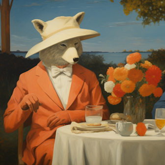 Illustration: Bären in schicker Kleidung sitzen an einer sommerlichen Tafel in einem Garten am Meer.