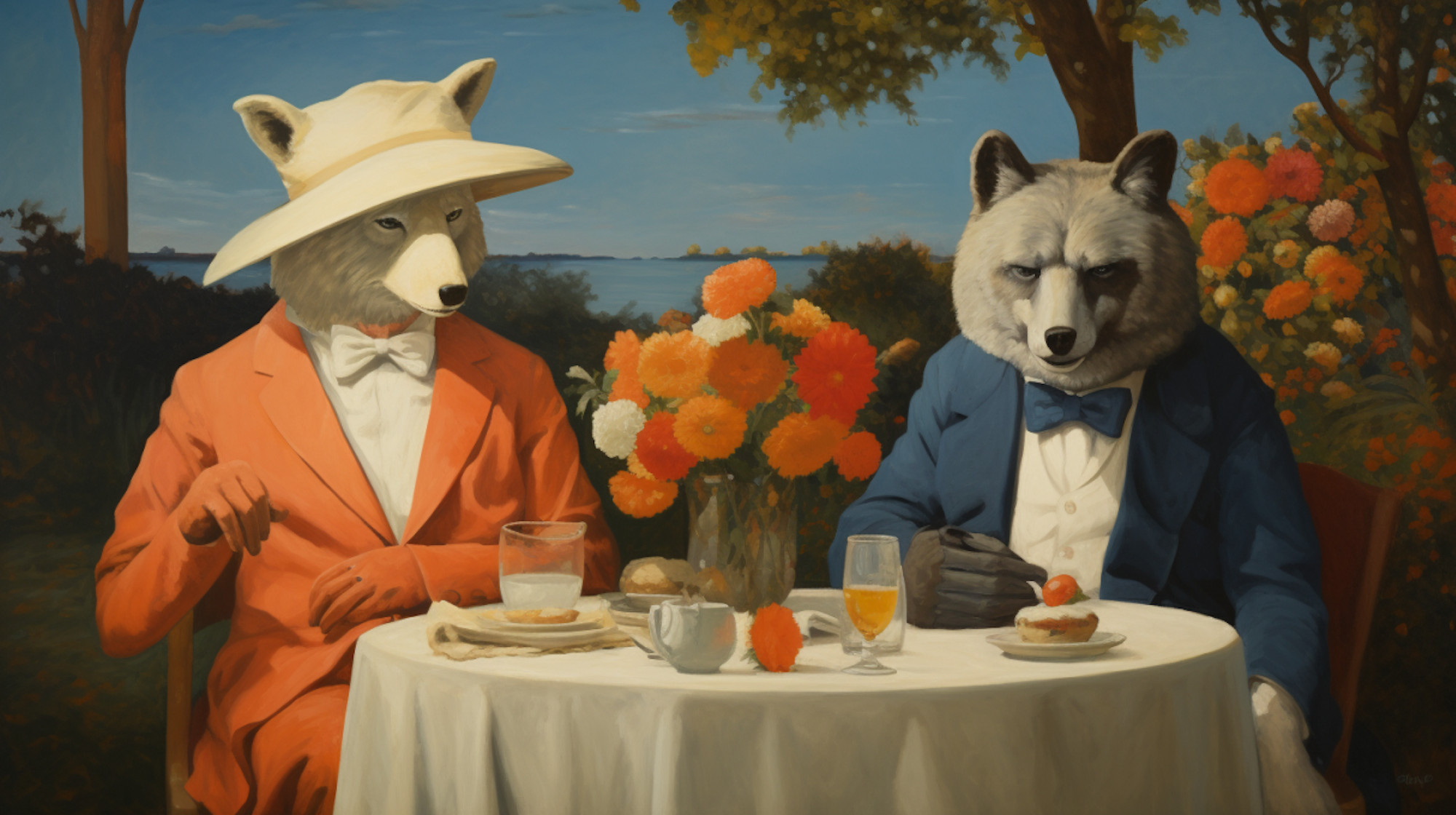 Illustration: Bären in schicker Kleidung sitzen an einer sommerlichen Tafel in einem Garten am Meer.