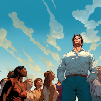 Illustration: Ein Mann steht inmitten einer Gruppe von Frauen, die zu ihm aufschauen.