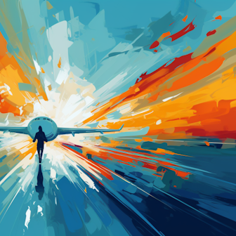 Ein Mensch rennt vor einem Jet, abstrakter dynamischer Hintergrund