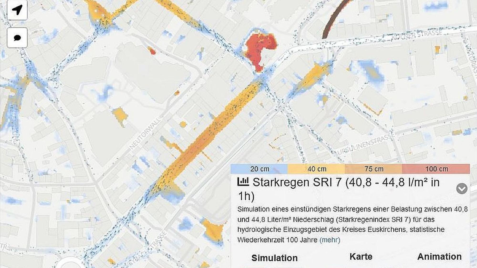 Ein Screenshot zeigt einen Ausschnitt einer Karte der Euskirchener Innenstadt. Einige Bereiche sind blau, andere gelb und wieder andere rot eingefärbt.