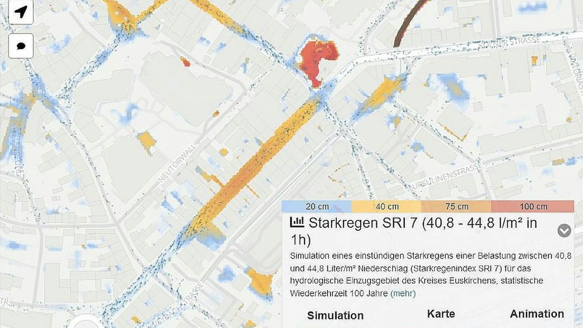 Ein Screenshot zeigt einen Ausschnitt einer Karte der Euskirchener Innenstadt. Einige Bereiche sind blau, andere gelb und wieder andere rot eingefärbt.