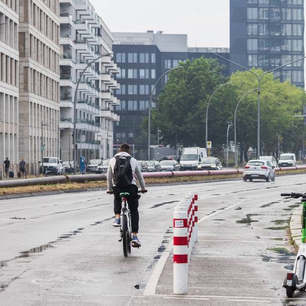 Ein Fahrradfahrer von hinten auf einer Straße.