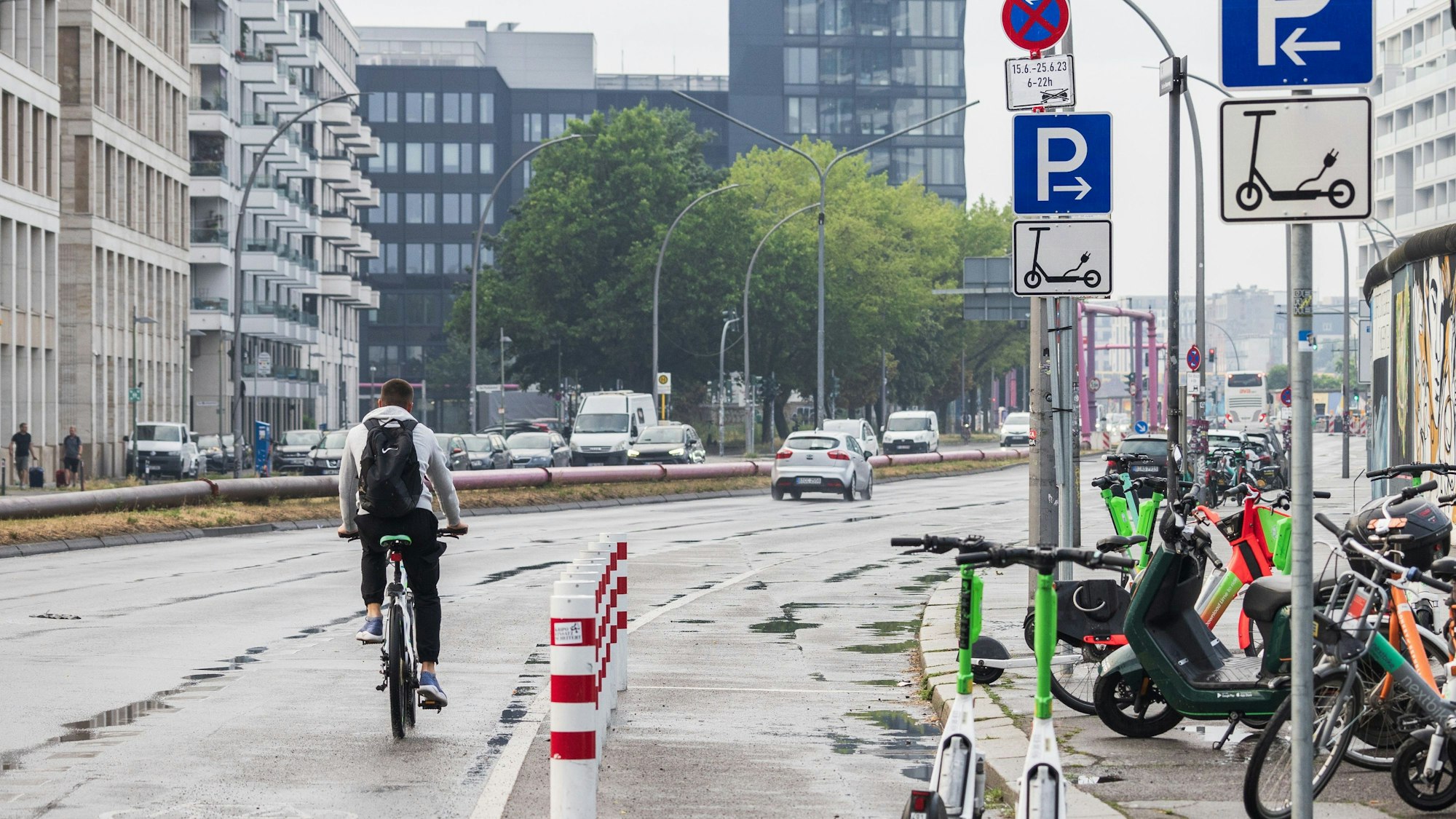 Ein Fahrradfahrer von hinten auf einer Straße.