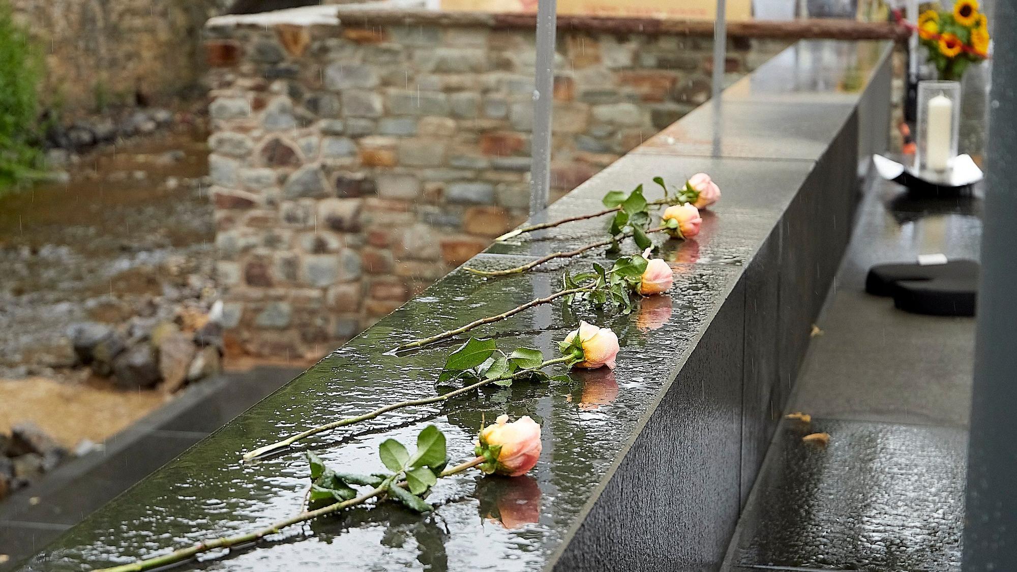Fünf Rosen liegen in Bad Münstereifel auf einer Mauer.