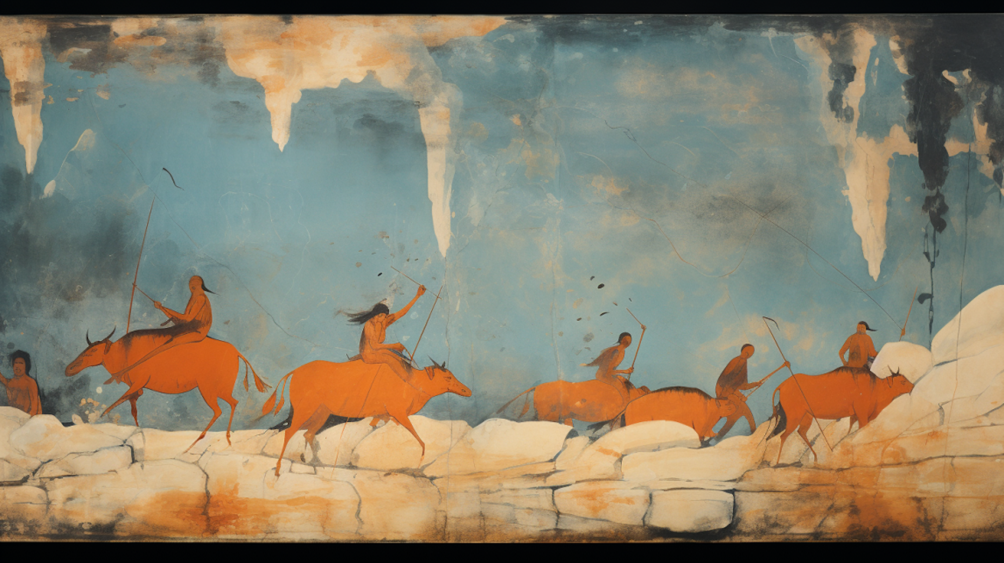 Illustration: Frauen jagen mit Speeren.