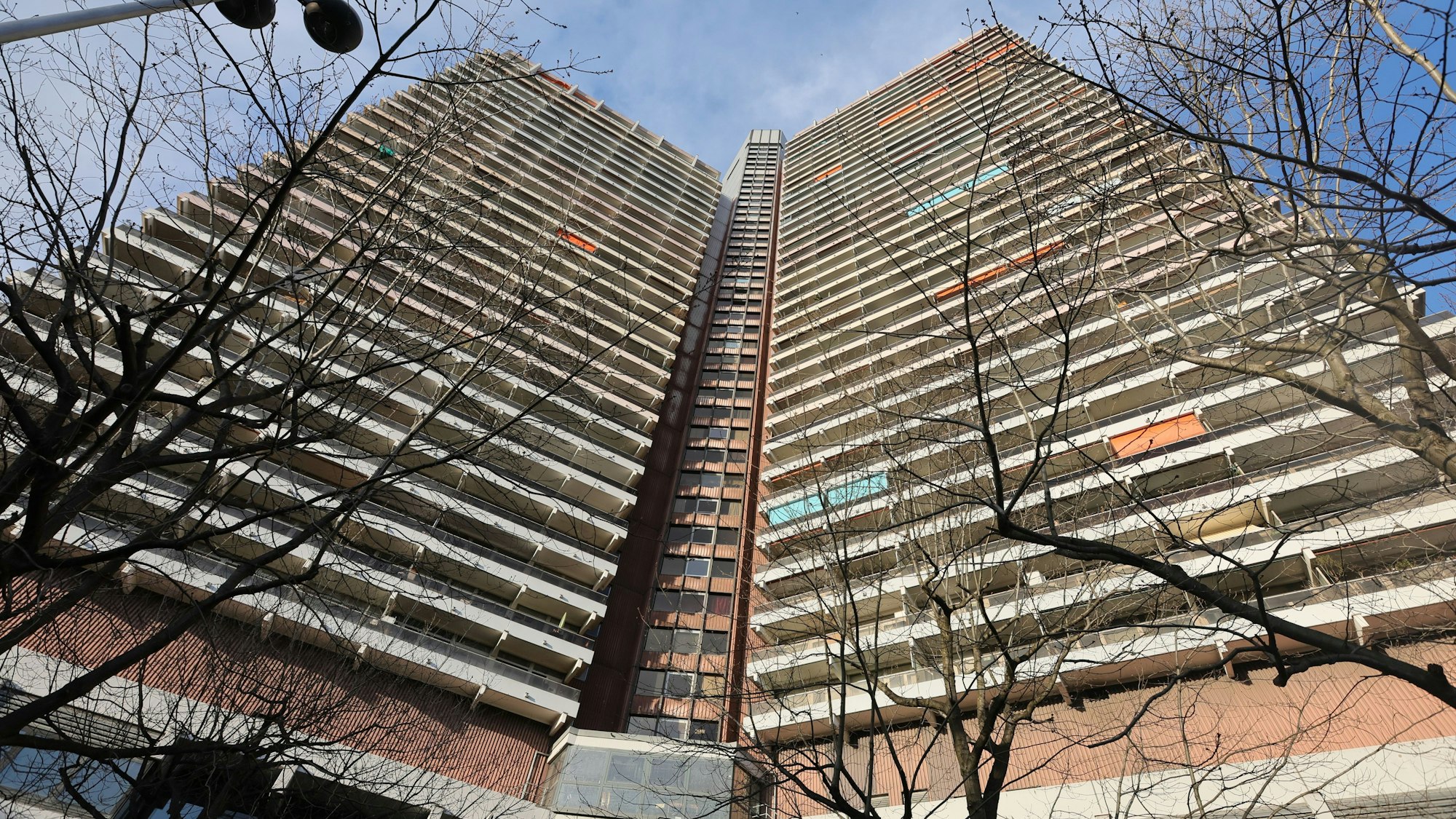 Das Uni-Center von außen mit Bäumen im Vordergrund.