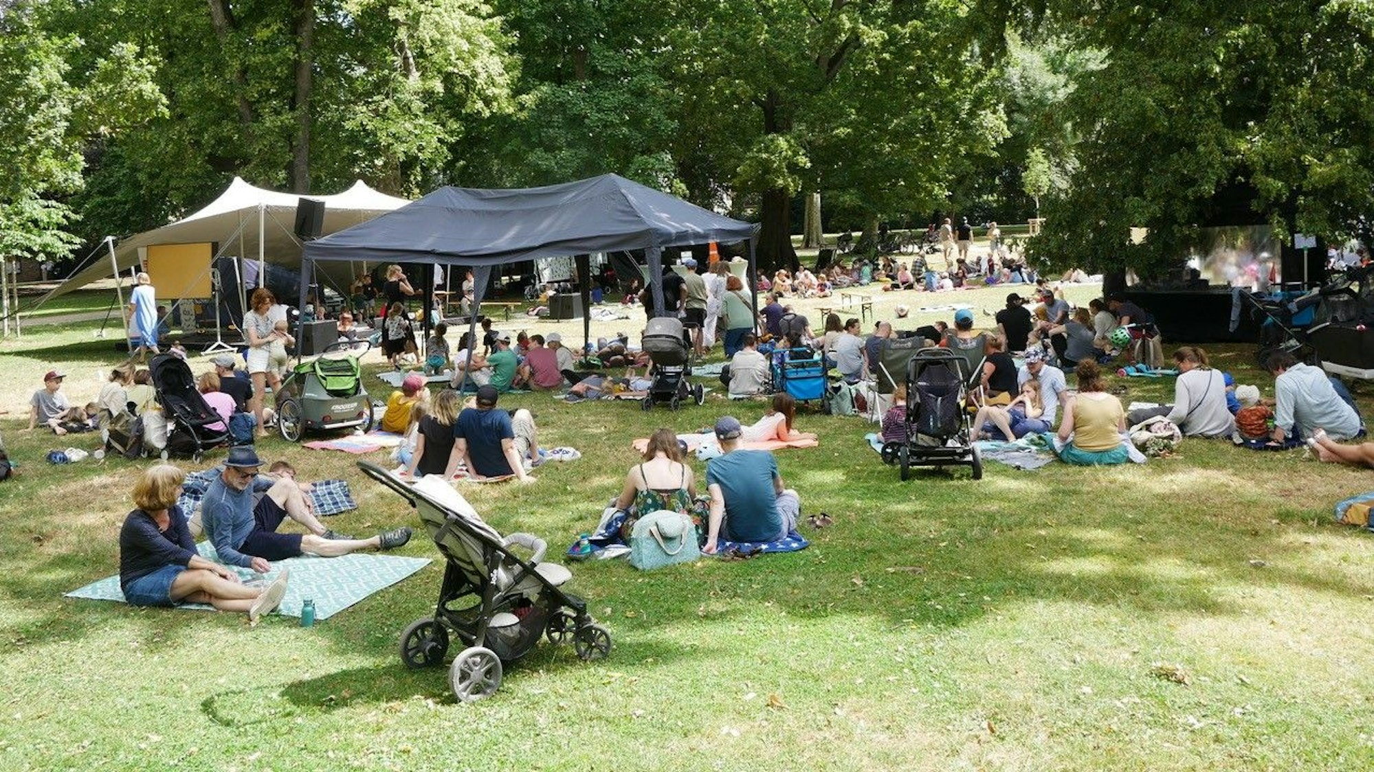 Menschen sitzen auf einer Wiese im Stadtgarten.