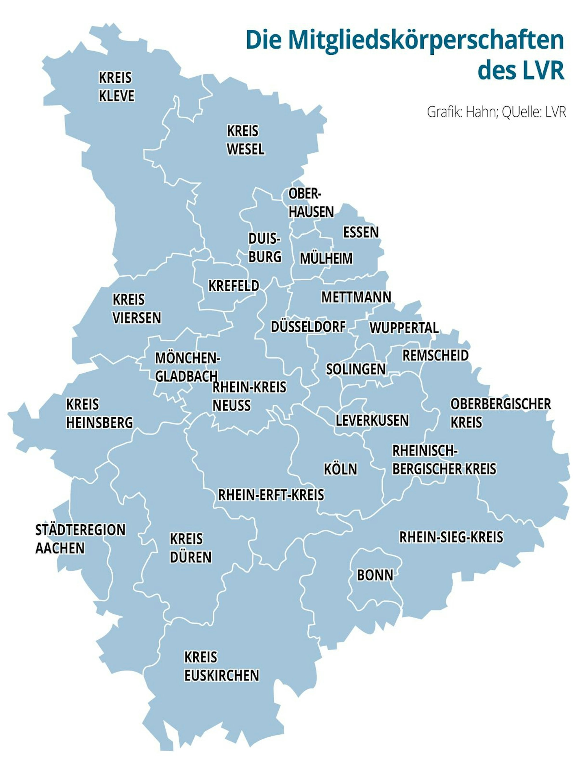 Die Grafik zeigt das Gebiet des LVR. Von Kleve bis Euskirchen und von Heinsberg bis Oberberg reicht das Gebiet des Landschaftsverbandes Rheinland (LVR).