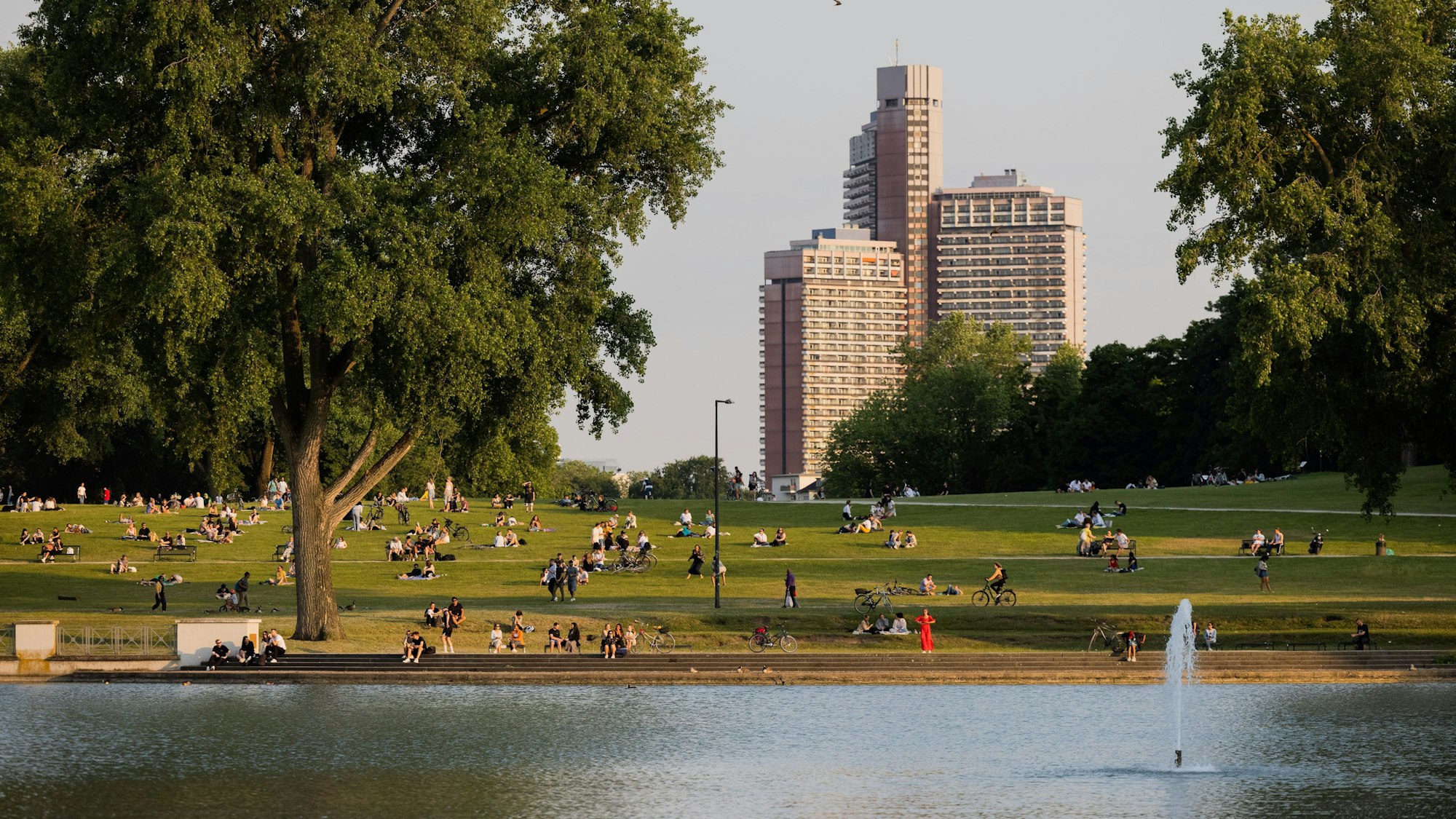 Menschen genießen auf einer Wiese am Aachener Weiher die Abendsonne, im Hintergrund ist das Uni-Center zu sehen.