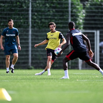 Xabi Alonso schaut Jonas Hofmann beim Pass zu.