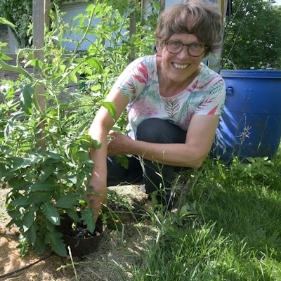 Heike Häusler hockt vor einer Pflanze.