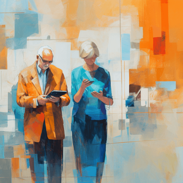 Illustration: Ein Mann und eine Frau schauen auf ihre Smartphones.