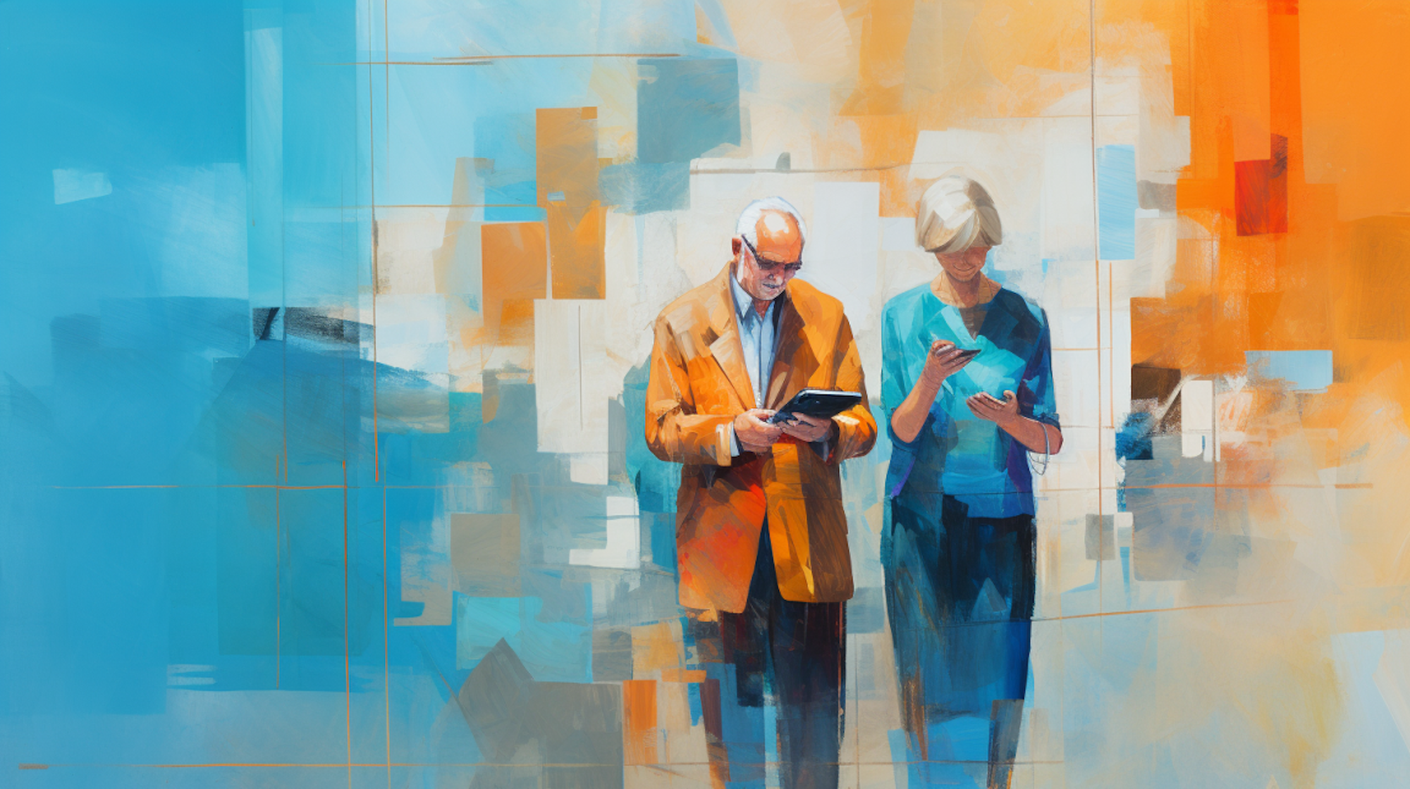 Illustration: Ein Mann und eine Frau schauen auf ihre Smartphones.