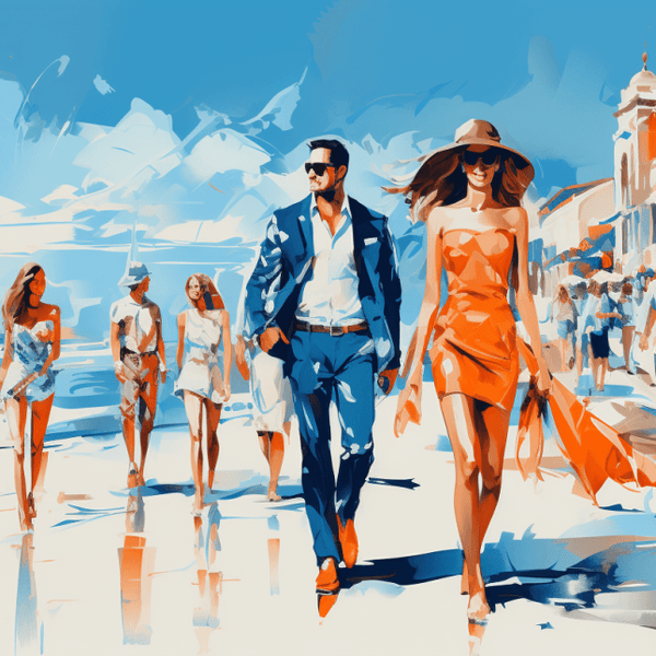 Illustration: Modisch gekleidete Menschen gehen auf einer Strandpromenade spazieren.
