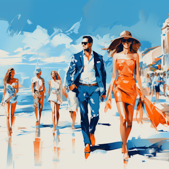 Illustration: Modisch gekleidete Menschen gehen auf einer Strandpromenade spazieren.