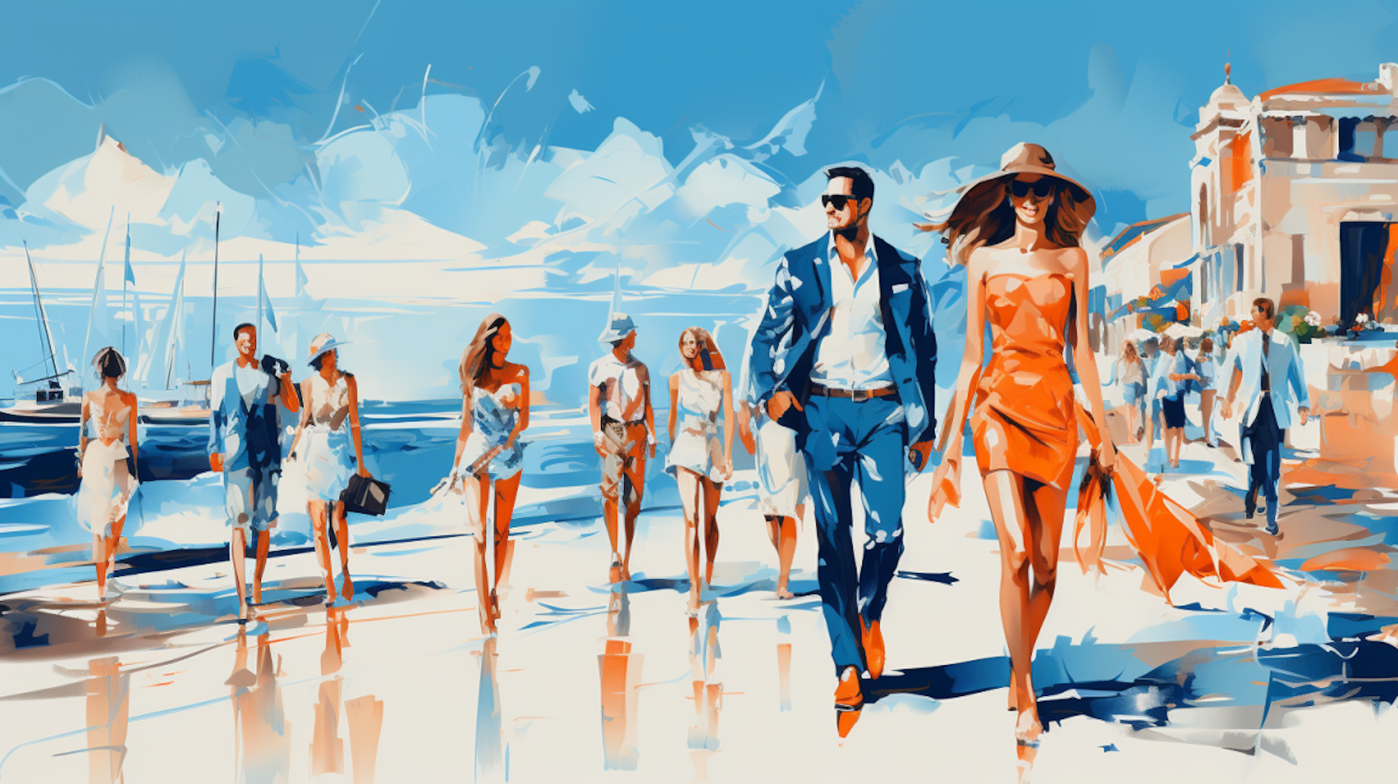 Illustration: Modisch gekleidete Menschen gehen auf einer Strandpromenade spazieren.