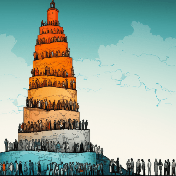Illustration: Turm zu Babel, Menschen schlängeln sich den Turm hoch.