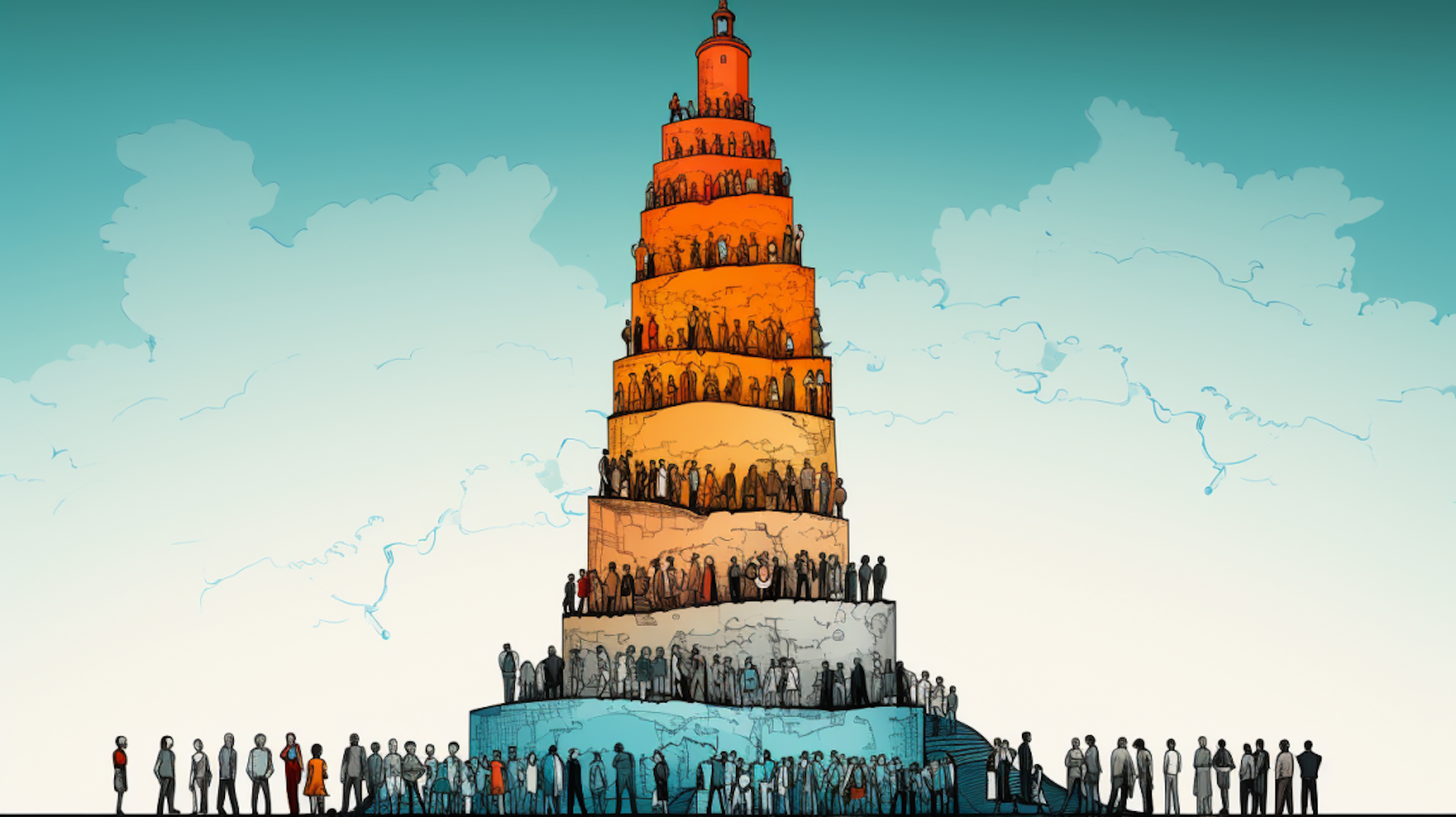 Illustration: Turm zu Babel, Menschen schlängeln sich den Turm hoch.