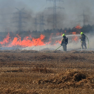 Das Bild zeigt zwei Feuerwehrmänner an einem brennenden Stoppelfeld