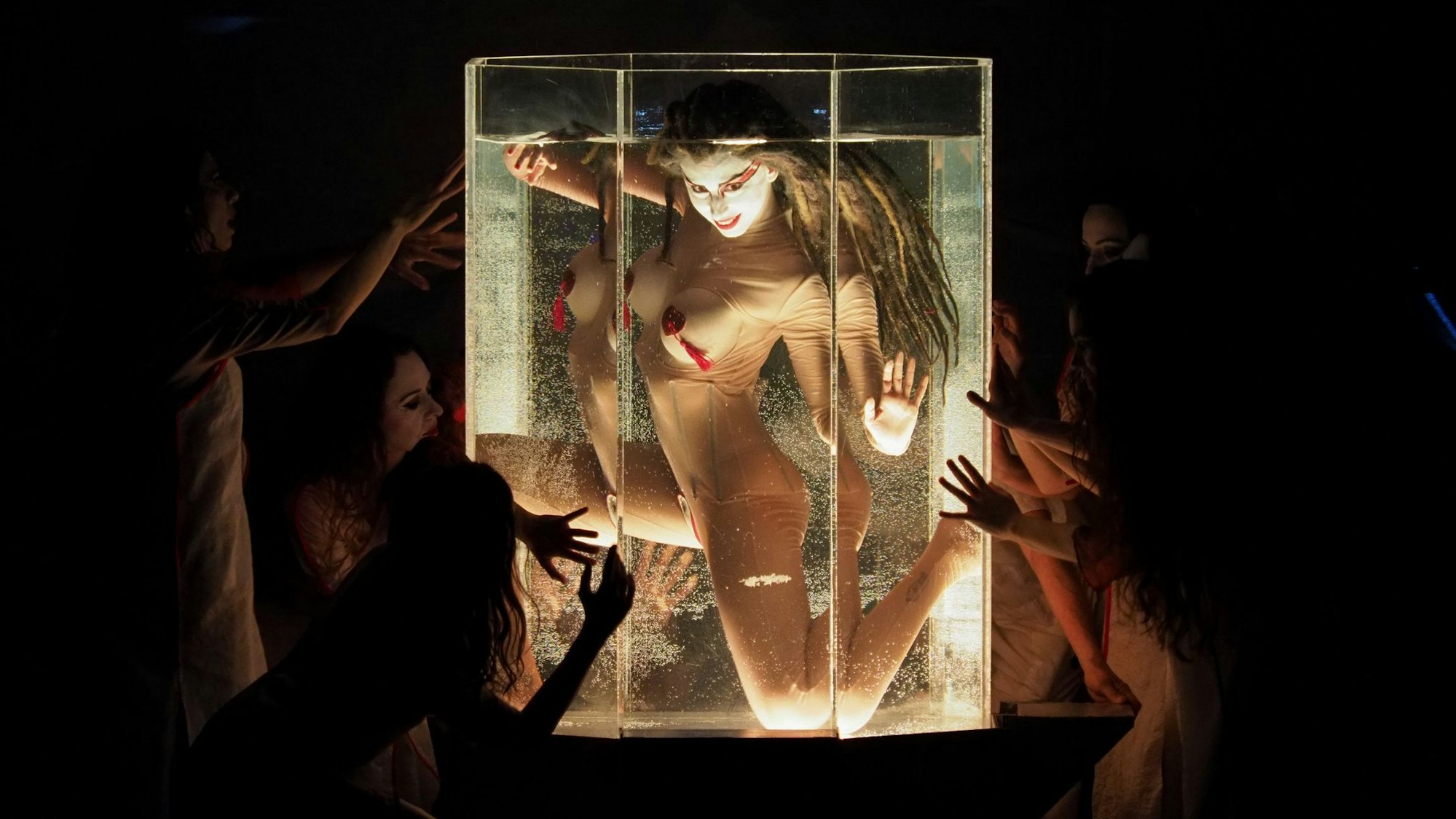 Die Protagonistin im Wasser trägt ein enges bodysuit und rote Pömpel über ihre Brustwarzen. Sie stemmt sich gegen die Scheiben des Wasserbehälters, lächelt dabei sehr gezwungen. Sie ist umgeben von anderen Frauen, die die Scheiben berühren.