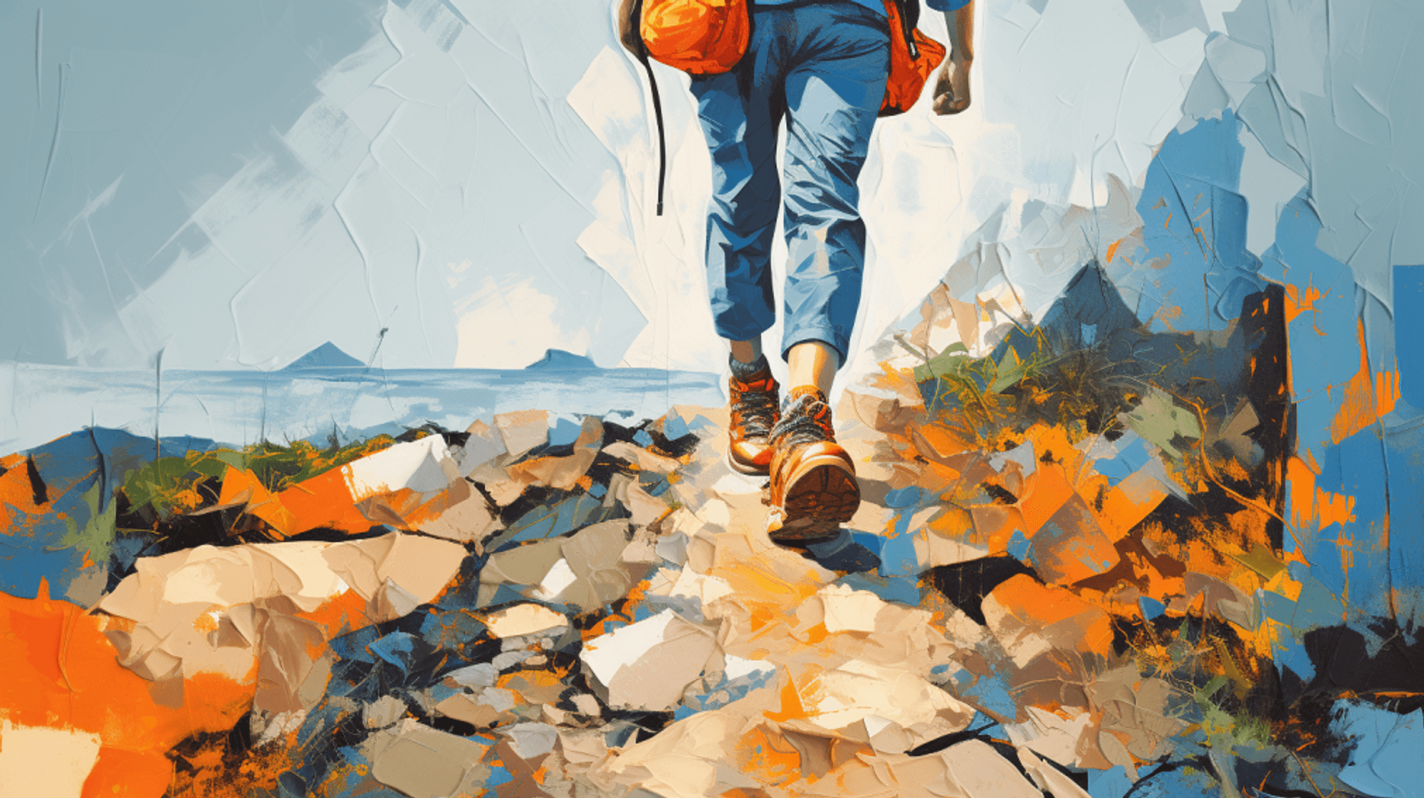 Illustration: Wanderin auf Bergpfad, Meer im Hintergrund, Ausschnitt Beine und Füße mit Wanderschuhen