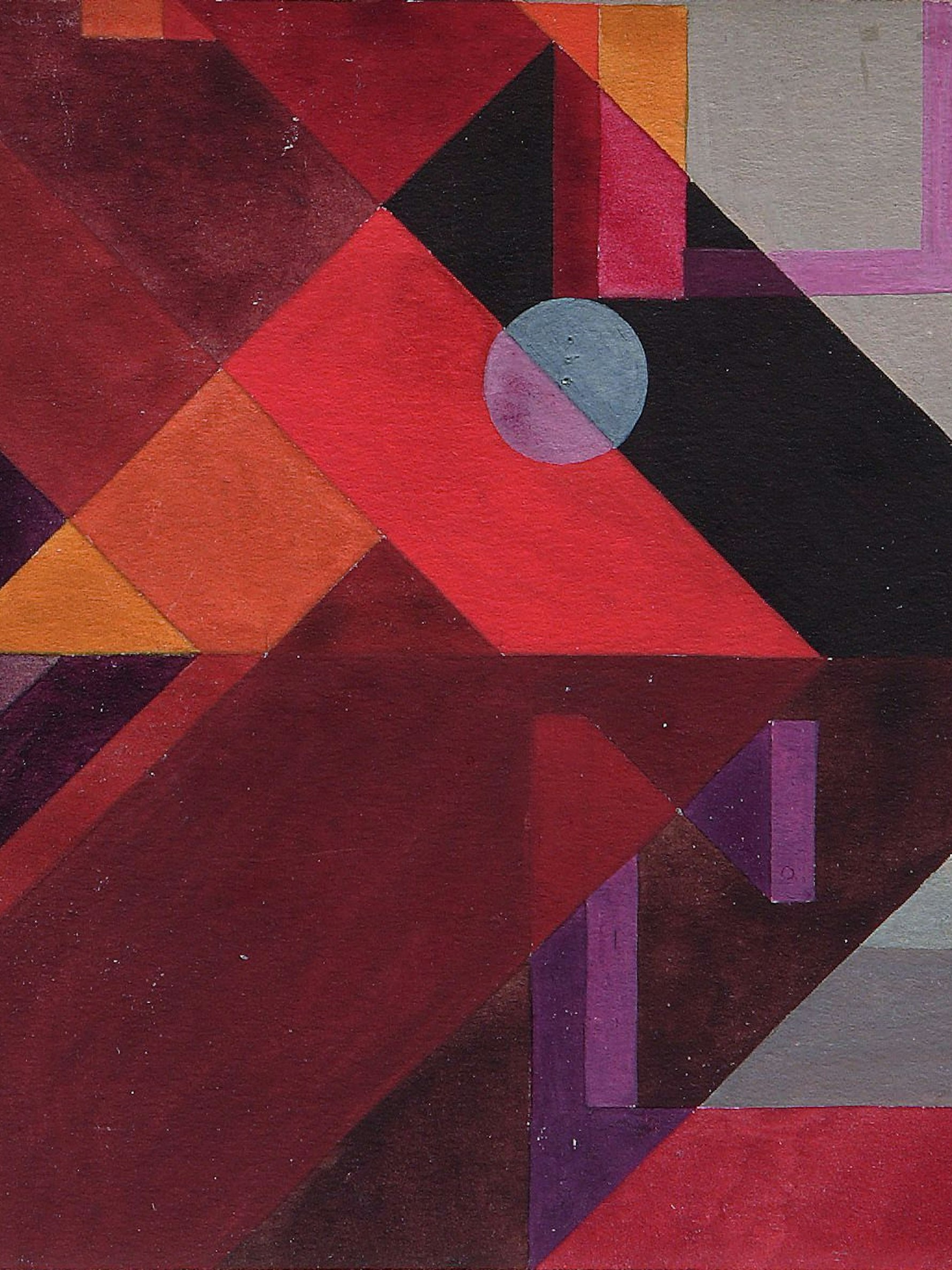 Ein abstraktes Bild aus geometrischen Formen und verschiedenen Rottönen.