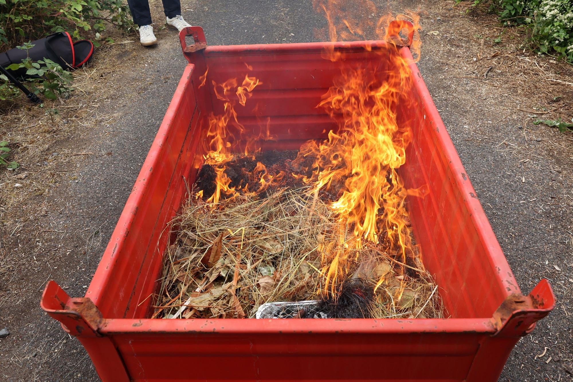 Trockenes Gestrüpp brennt und liegt in einer roten Box.