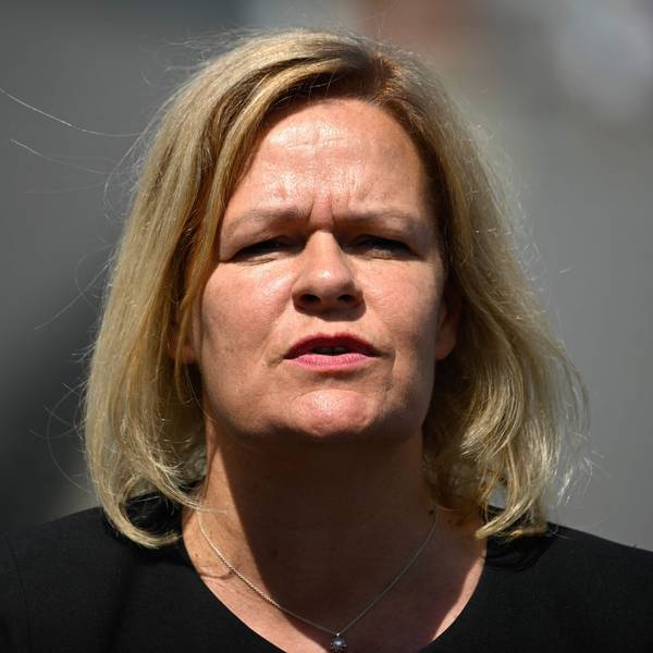 German Interior Minister Nancy Faeser delivers a press statement following the weekly meeting of the German cabinet in front of the Chancellery in Berlin on July 13, 2023. (Photo by Tobias SCHWARZ / AFP)