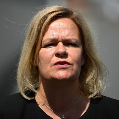 German Interior Minister Nancy Faeser delivers a press statement following the weekly meeting of the German cabinet in front of the Chancellery in Berlin on July 13, 2023. (Photo by Tobias SCHWARZ / AFP)