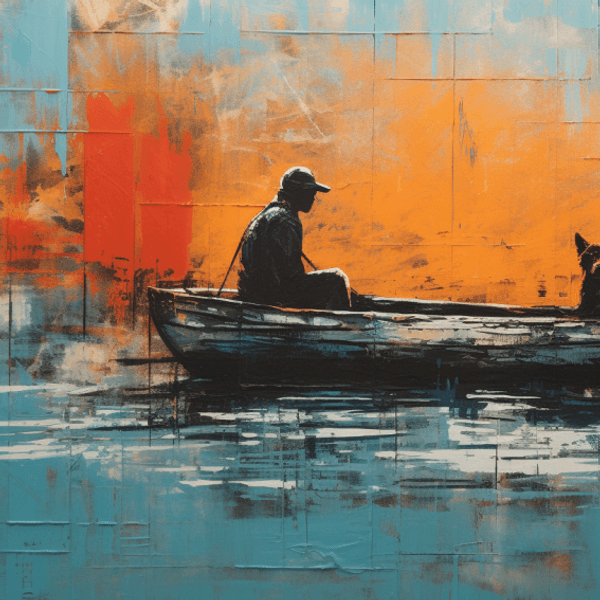 Illustration: Ein Mann und ein Hund treiben in einem defekten Boot auf dem Meer.