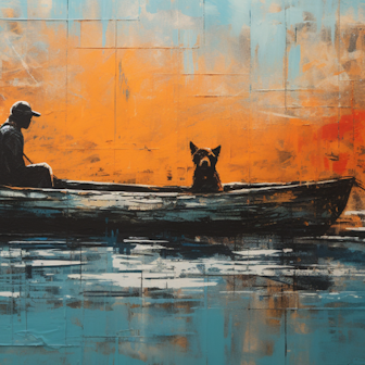 Illustration: Ein Mann und ein Hund treiben in einem defekten Boot auf dem Meer.